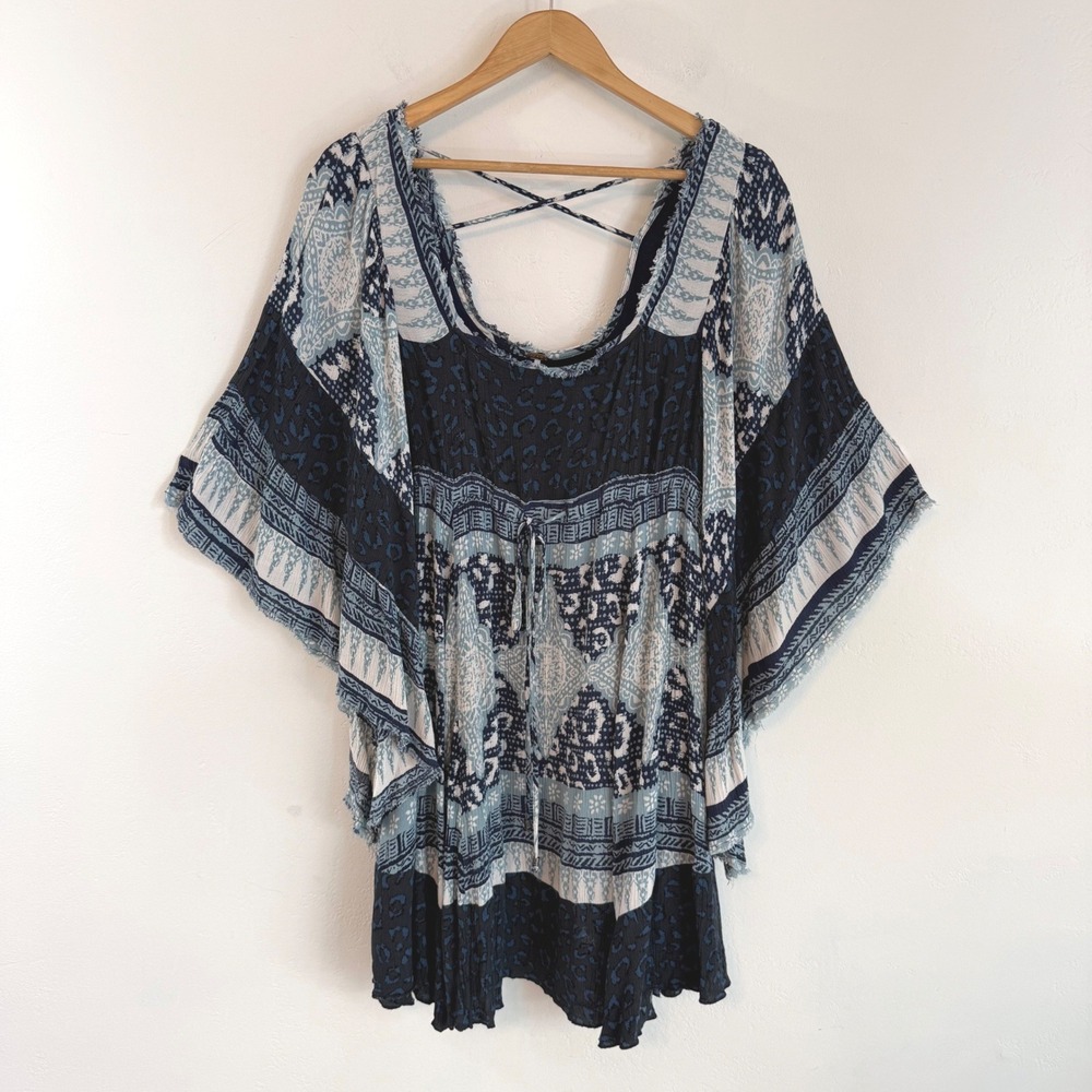 Free People Heart of Gold Angel Sleeve Mini Dress Blue Boho Festival Gypsy Small